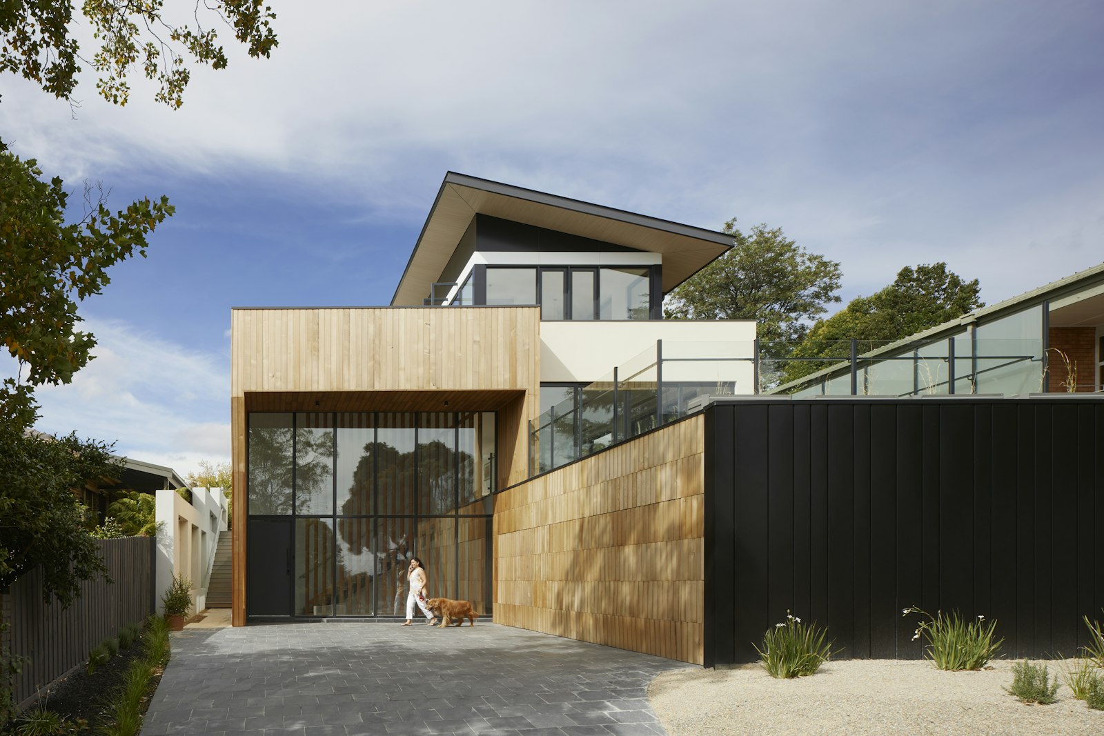 Two-story home with cedar and black metal siding