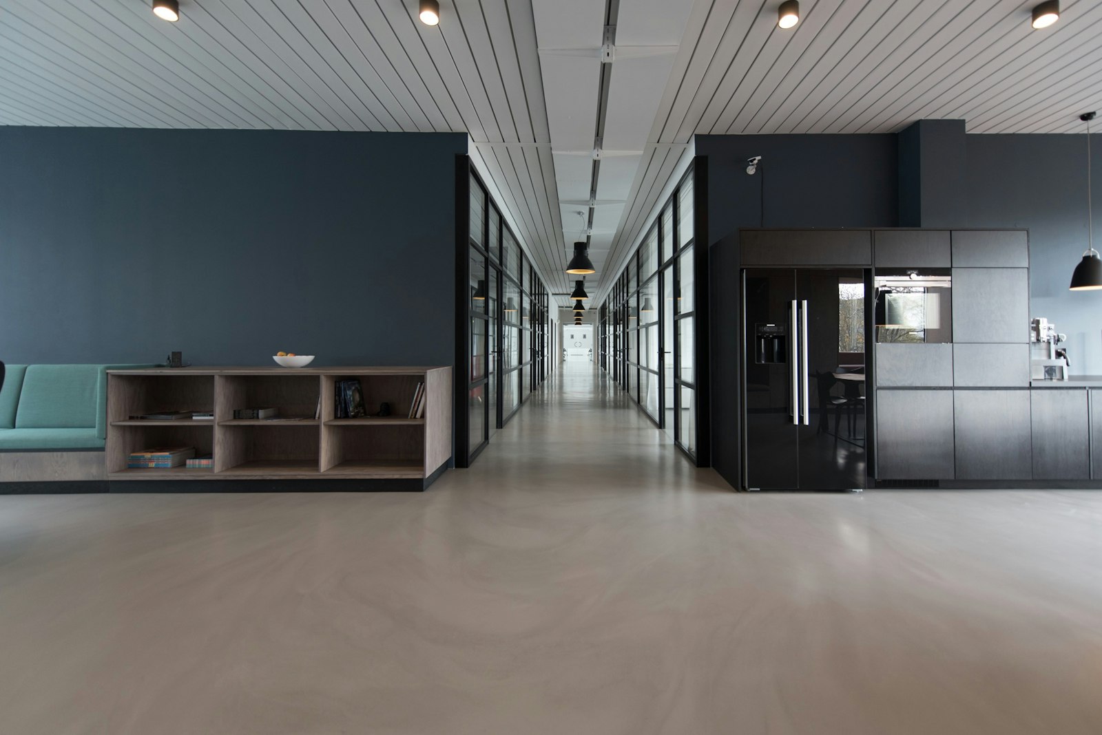 The firm's quiet office hallway